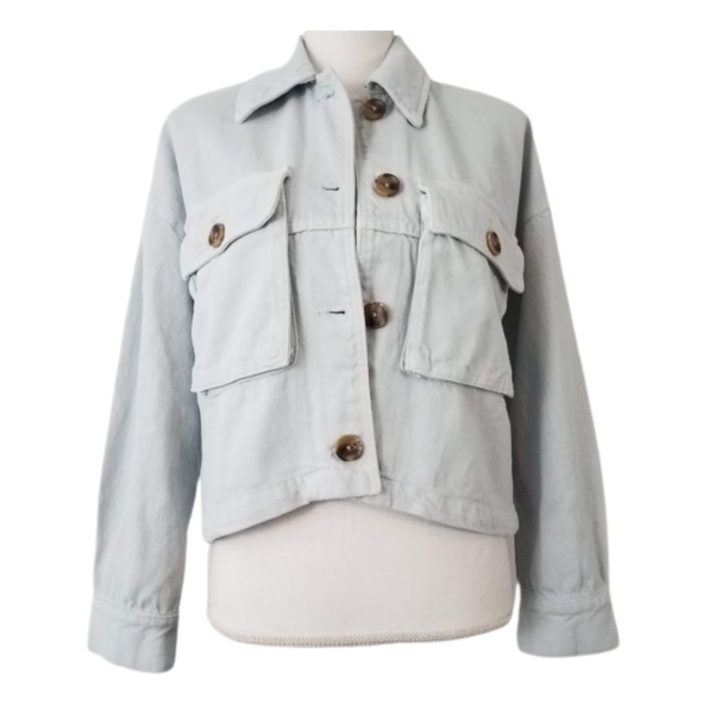 ZARA Oversized Boyfriend Big Pockets Light Denim Cropped Button Jacket W…